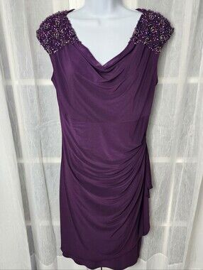 Alex Evenings Purple Matte Jersey Dress 10 Ruched Cowl Neck Beaded Sequin Party